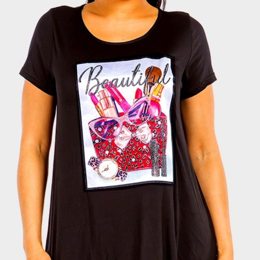 BLING FASHION GRAPHIC PRINTED HALF SLEEVES TOP